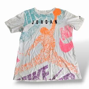 Nike Jordan Jumpman LARGE BOY'S DISTRESS T-Shirt White/Total Orange/Rush Blue